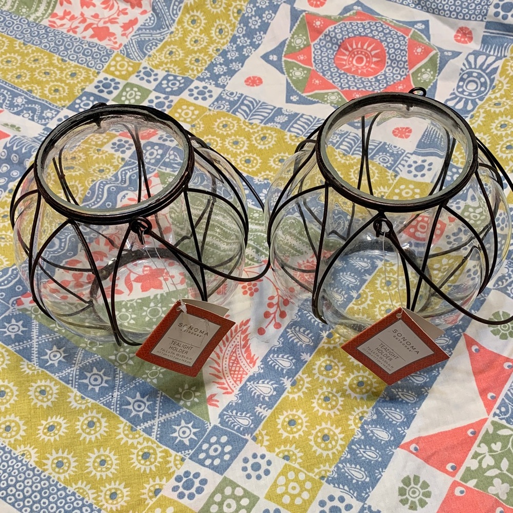 Sonoma Coppery Black Wire Glass Tea Light Holder Lantern Pair